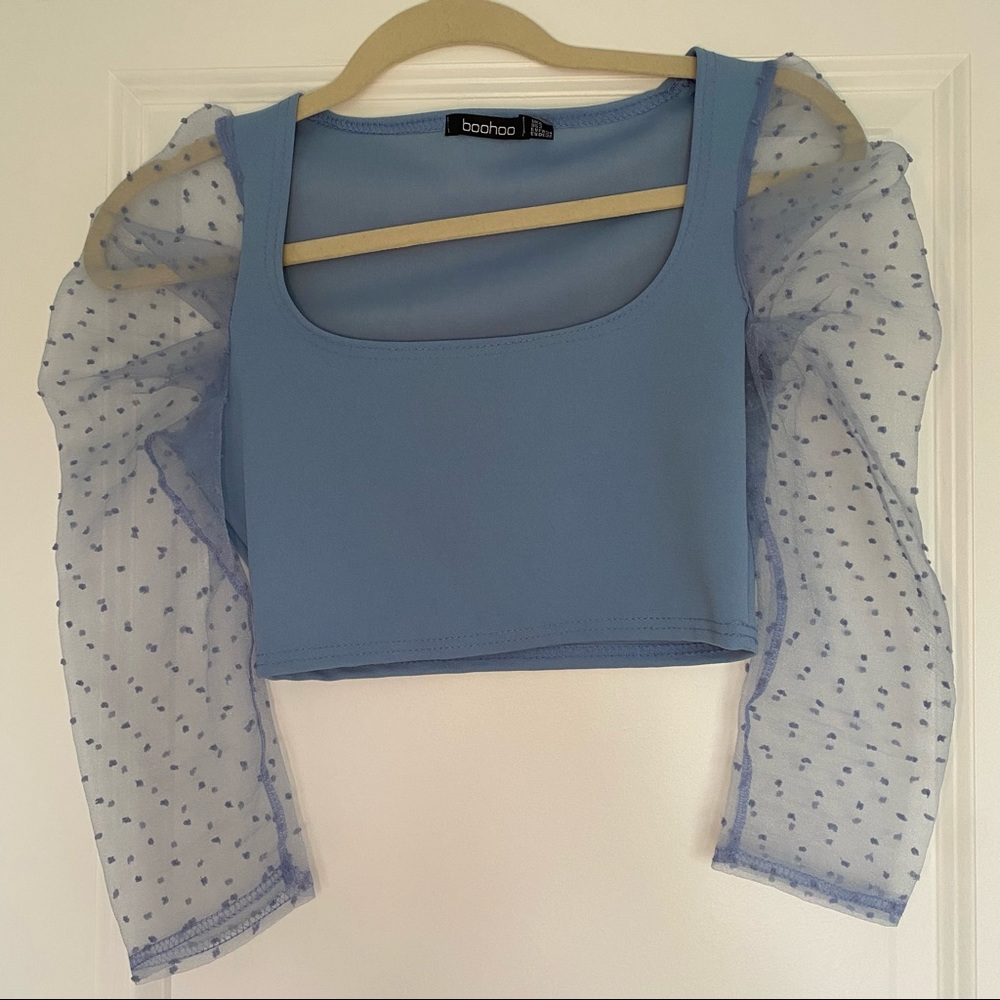 Boohoo blue puff sleeve crop top size 2